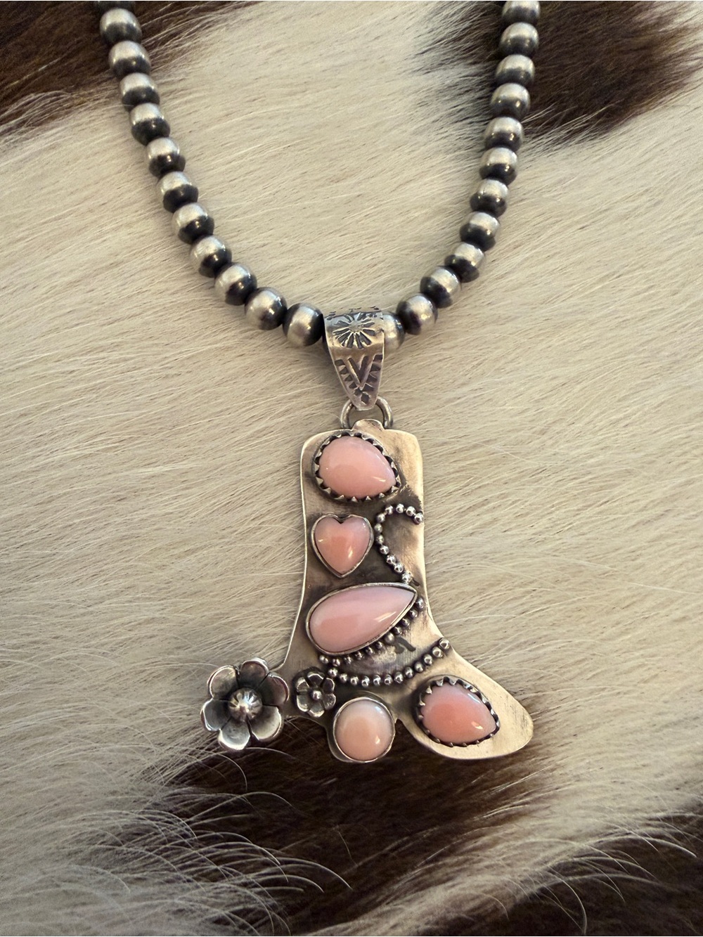 ❤️ Queen Pink Conch Sterling Silver Cowboy Boot Pendant Spinning Spur Handmade